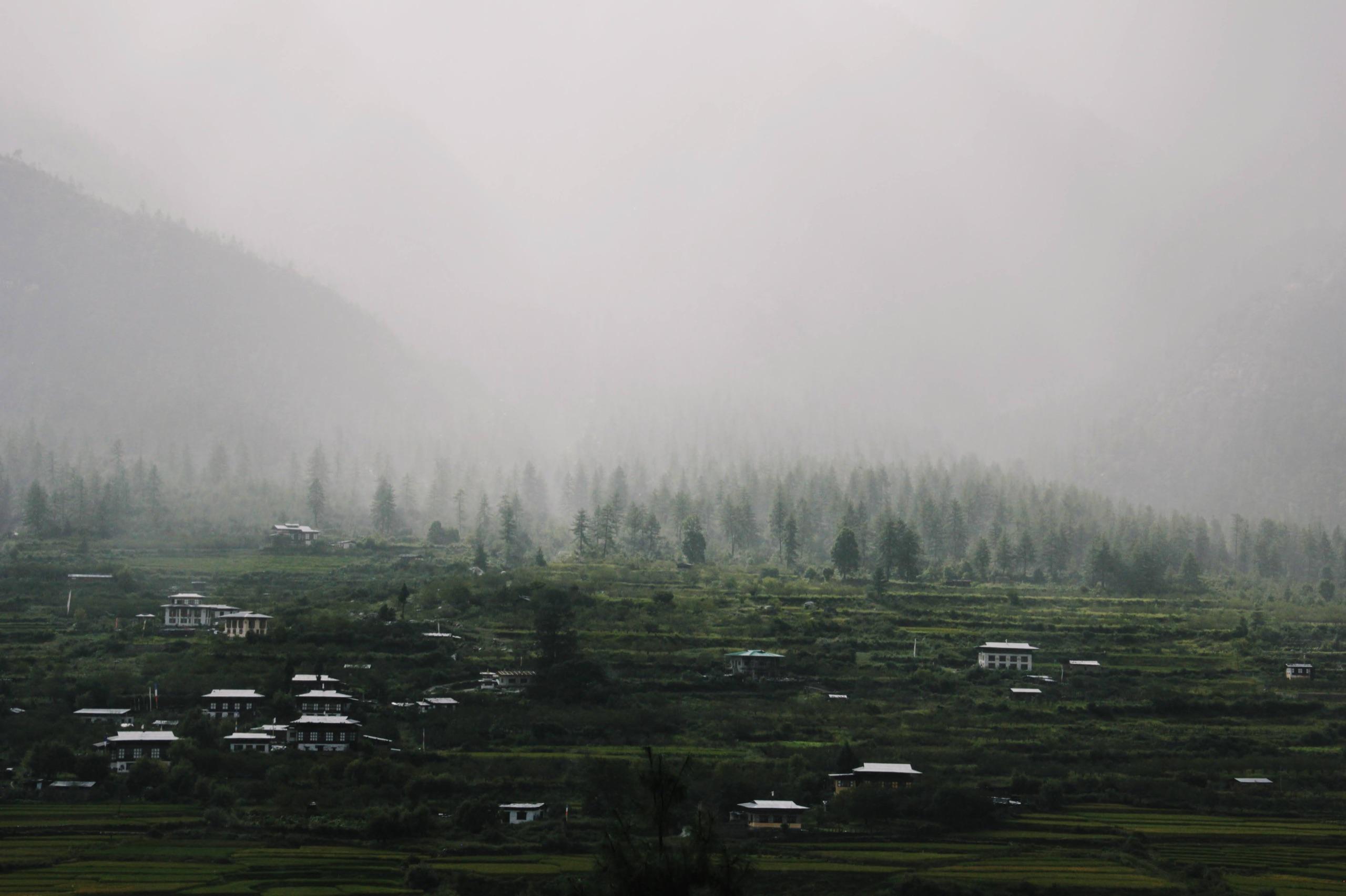 Farmhouses and fields rising into the mist in Paro Valley